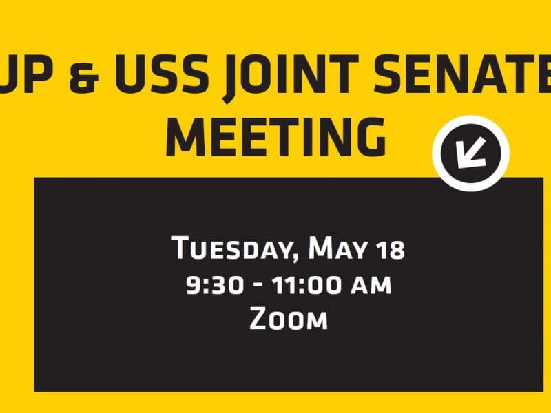 The May UP and USS Senates joint meeting will be at 9:30 a.m. May 18 via Zoom. All meetings are open to the campus community. If you are interested in attending the virtual meeting, please email Kayla Jasso at kayla.jasso@wichita.edu.