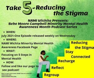 An African American Woman walking up five yellow stairs. Each stair list on of the 5 steps to reducing the stigma of mental health. The background of the image is green and the font is black.