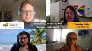 Pictures of Jess Prudence, Heather Stafford, Rexy Que, and Claire Powell with text: Wichita State University Student Health Services, Tuesday Talks The Real You