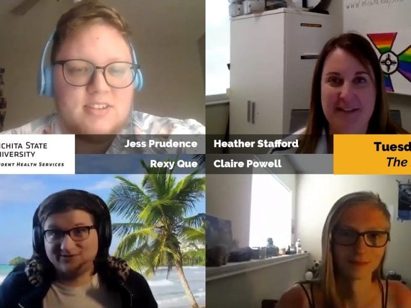 Pictures of Jess Prudence, Heather Stafford, Rexy Que, and Claire Powell with text: Wichita State University Student Health Services, Tuesday Talks The Real You