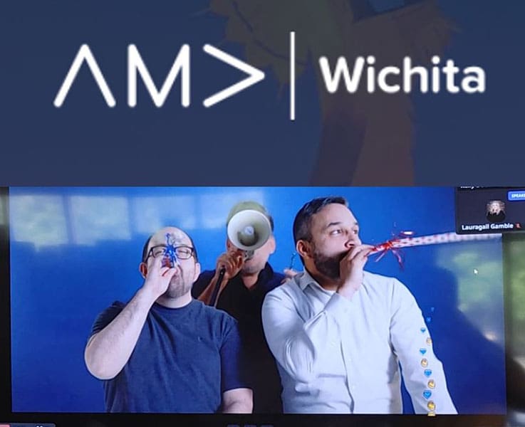 Scene from one of the virtual award presentations where three area professional marketers use horns and loudspeakers to announce that Wichita State University was a category winner.