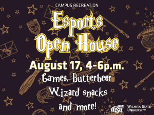 A dark purple background with various objects seen in harry potter (wands, frogs, hats, etc). The text infront says Esports Open House, August 17th, 4-6 p.m. Games, Butterbeer, Wizard snacks and more!