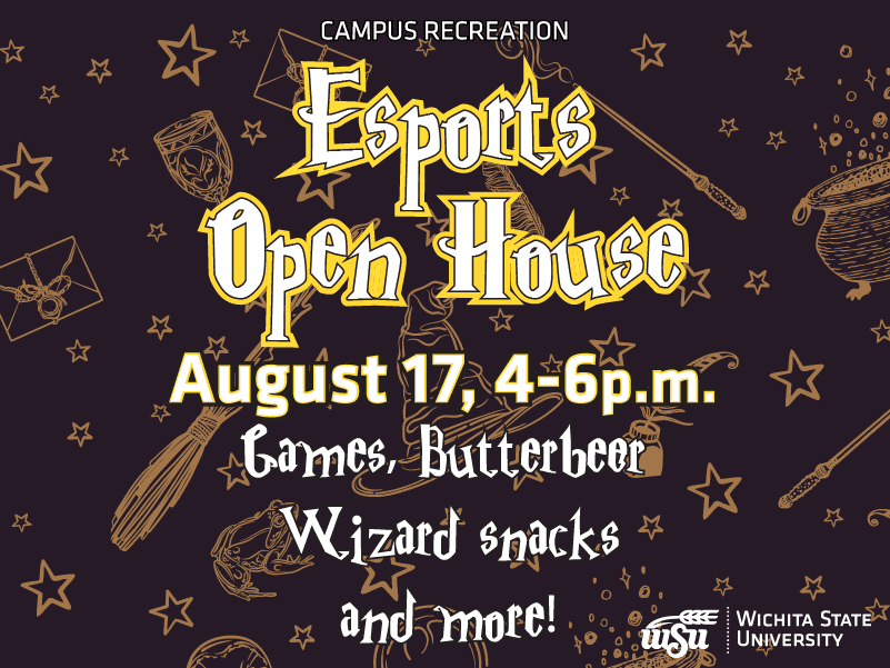 A dark purple background with various objects seen in harry potter (wands, frogs, hats, etc). The text infront says Esports Open House, August 17th, 4-6 p.m. Games, Butterbeer, Wizard snacks and more!