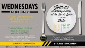 Image Alt Text Join the Community Service Board serving a free meal at the Lord's Diner. We will alternate serving dinner at the Diner's two location. We will be serving from 5:00-8:00pm. Dates scheduled for volunteering are as follows: 9/8, 9/22, 10/13, 10/27, 11/10. For location details and to sign up please visit here.