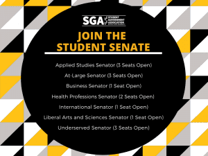 Graphic featuring text "Join the STUDENT SENATE Applied Studies Senator (3 Seats Open) At-Large Senator (3 Seats Open) Business Senator (1 Seat Open) Health Professions Senator (2 Seats Open) International Senator (1 Seat Open) Liberal Arts and Sciences Senator (1 Seat Open) Underserved Senator (3 Seats Open)."