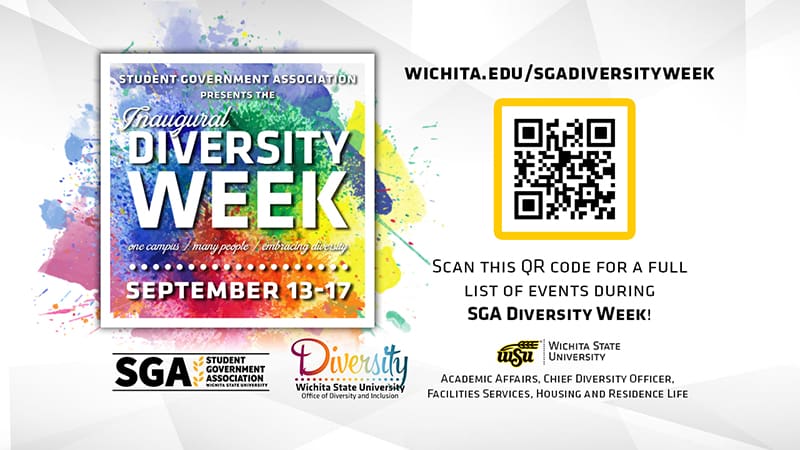 First Annual Diversity Week, September 13-17: One Campus, Many People, Embracing Diversity. Sponorsored by Wichita State University Chief Diversity Officer, Housing and Residence Life, Facilities Services, Academic Affairs. #WSUDiversityWeek