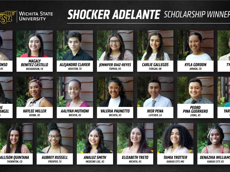 Melisa Alfonso from Hutchinson, Kansas, is studying mechanical engineering. Magaly Benitez Castillo from Richardson, Texas, is majoring in pre-physical therapy. Zane Clark from Chanute, Kansas, is working toward an accounting degree. Alejandro Clavier from Houston is studying filmmaking. Jennifer Diaz-Reyes from Topeka is pursuing a nursing degree. Carlie Gallegos from Forgan, Oklahoma, is working toward a business degree. Kyla Gordon from Arvada, Colorado, is studying entrepreneurship. Tyler Hurt from Moore, Oklahoma, is majoring in aerospace engineering. Joselynne Lozano Del Angel from Wichita is pursuing a pre-dental hygiene degree. Haylee Miller from Kiowa, Kansas, is a pre-medicine major. Aaliyah Muthoni from Wichita is working toward an art degree. Valeria Paunetto from Wichita is studying social work. Iker Pena from Lutcher, Louisiana, is majoring in aerospace engineering. Pedro Pina Guerrero from Lyons, Kansas, is a pre-medicine major. Yarid Pizarro from Wichita is pursuing a business degree. Allison Quintana from Thornton, Colorado, is studying elementary education. Aubrey Russell from Prosper, Texas, is majoring in engineering. Analuz Smith from Medicine Lodge, Kansas, is working toward a nursing degree. Elizabeth Treto from Wichita is undecided. Tamia Trotter from Kansas City, Missouri, is majoring in nursing. Denazhia Williams from Kansas City, Kansas, is studying psychology.