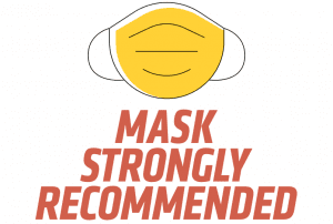 Graphic with face mask with text reading "mask strongly recommended."