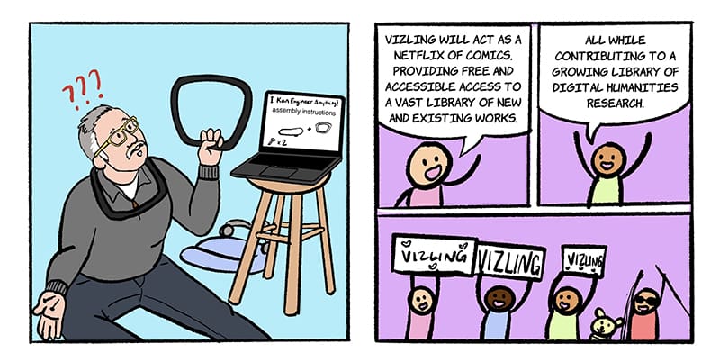 Graphic featuring text reading ‘I KANEngineer Anything! Assembly instructions-Vizling will act as a Netflix of Comics. Providing free and accessible access to a vast library of new and existing works. All while contributing to a growing library of Digital Humanities Research. VIZLING. VIZLING. VIZLING.'