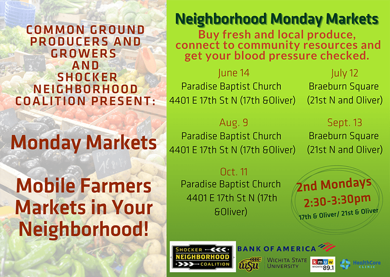 Graphic featuring text 'COMMON GROUND PRODUCERS AND GROWERS AND SHOCKER NEIGHBORHOOD COALITION PRESENT Monday Markets Mobile Farmers Markets in Your Neighborhood Buy fresh and local produce and connect to community resources. 2:30-3:30pm 17th & Oliver/ 21st & Oliver 2nd Mondays June 14 Paradise Baptist Church 4401 E 17th St N (17th &Oliver) July 12 Braeburn Square (21st N and Oliver) Paradise Baptist Church 4401 E 17th St N (17th &Oliver) Aug. 9 Sept. 13 Braeburn Square (21st N and Oliver) Paradise Baptist Church 4401 E 17th St N (17th &Oliver) Oct. 11.'