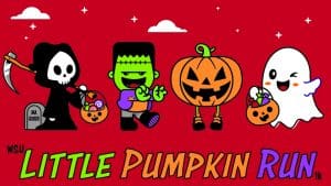 Graphic on red background with grim reaper, Frankenstein, Jack-o'-lantern and ghost with text 'WSU Little Pumpkin Run 1K.'