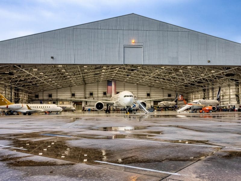An image featuring Boeing 777-300ER passenger aircraft is parked in Wichita State University's National Institute for Aviation Research facilities.