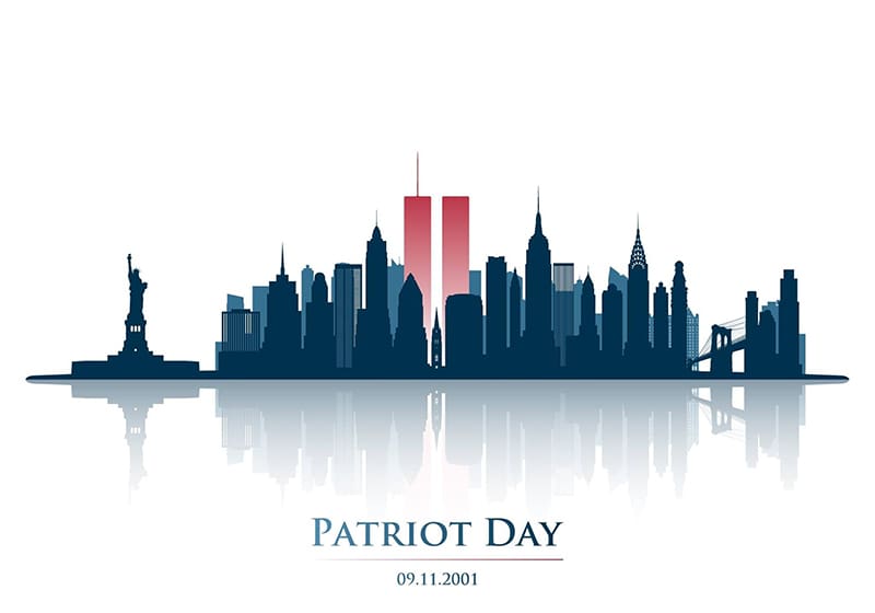 Graphic featuring Manhattan skyline and the text 'Patriot Day 09.11.2001.'