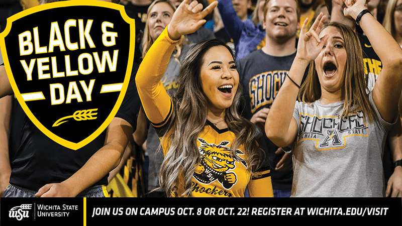 Image shows two Wichita State students in Shocker attire. A black banner runs across the bottom of the image that reads "Join us on campus Oct. 8 or Oct. 22! Register at wichita.edu/visit".
