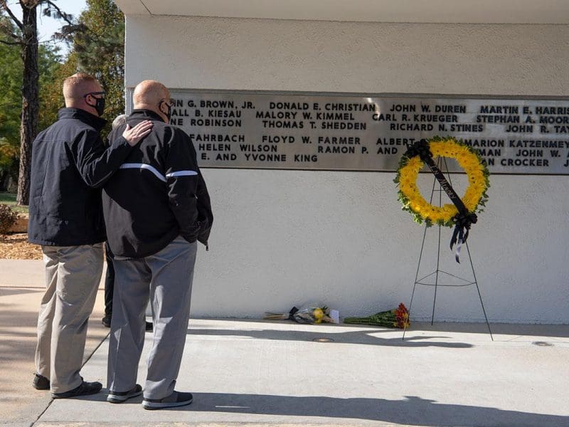 Picture of Memorial 70 monument that shows the names of the deceased passengers on the Gold Plane.