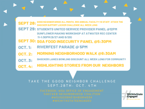 Take the good neighbor challenge sept. 28th- oct. 4th sept. 28th: good neighbor bingo all month, 3rd annual faculty vs staff- stock the shocker support locker challenge all week long sept 29th: students united service provider panel @12pm sunflower making workshop at atwater rec center 11-1:30pm (9/27 and 9/29) sept 30th: SGA food insecurity pnael @5:30pm oct 1 riverfest parade @5pm oct 2 morning neighborhood walk @8:30am oct 3 shocker lanes bowling discount all week long for community oct 4 highlighting stories from our neighbors.
