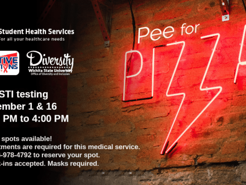 Free STI testing, September 16th, 12:00pm to 4:00pm. Only 40 spots available. Appointments are required for this medical service. Call 316-978-4792 to reserve your spot. No walk-ins accepted. Masks required.