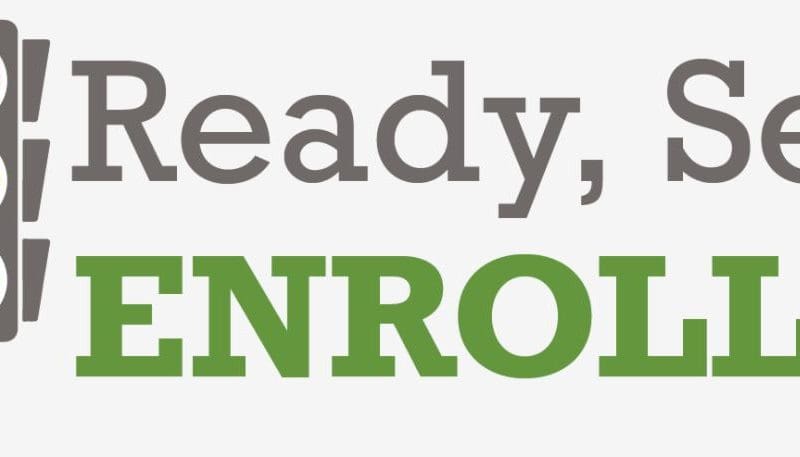 Graphic featuring stoplight and text Ready, 'Set, Enroll!''