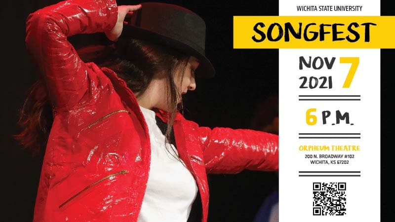 Picture of a student dressed as Michael Jackson striking a pose. On the right includes the following information: Songfest, November 7 2021 and a QR code.