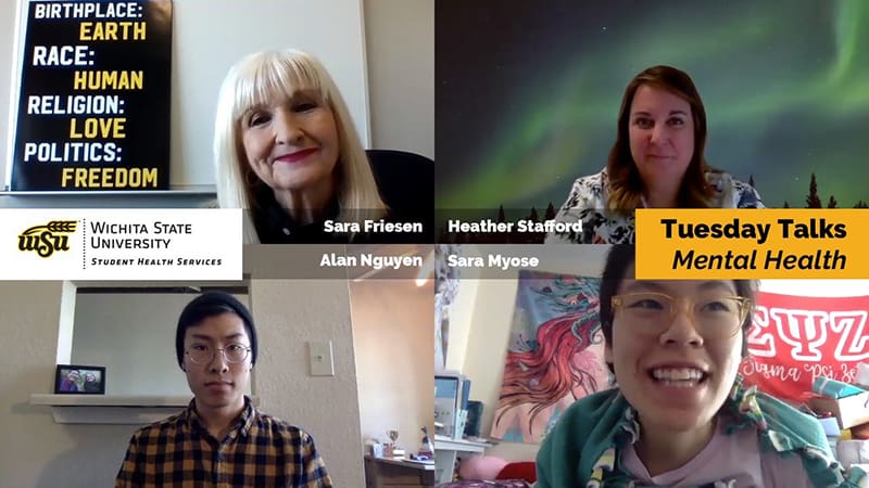 Pictures of Sara Friesen, APRN, PMHNP-BC, Nurse Heather, WSU graduate student Alan Nguyen, and WSU student Sarah Myose for a discussion about mental health! Brought to you by Wichita State Student Health Services.