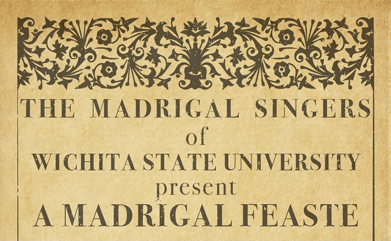 Elizabethan style tan invitation featuring 'The Madrigal Singers of Wichita State University present A Madrigal Feaste.'
