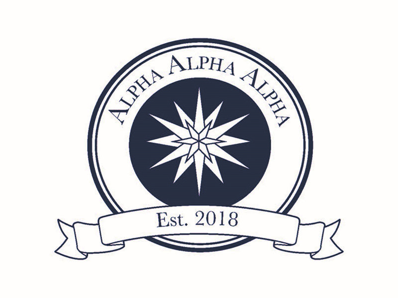 Tri-Alpha logo in dark blue on white background with text 'Alpha, Alpha, Alpha and est. 2018.'