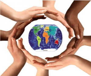 Image of hands of different colors holding the globe.