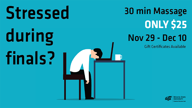 Stressed during finals? 30 min massage only $25 Nov 29 - Dec 10 gift certificates available.