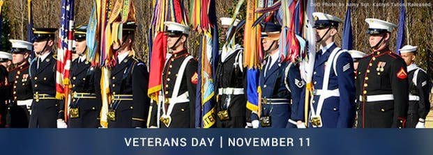 Image featuring service members during parade and text 'Veterans Day, November 11.'