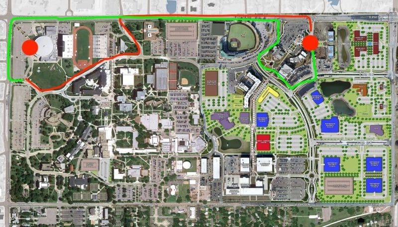 The red route begins in Braeburn Square, drives through campus, and drops off at the southern end of the Koch Arena parking lot. After the game, the green route picks up at the original drop off point to the south end of the parking lot, exits campus, and drives on 21st street back to Braeburn.