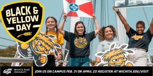 Four people at the Keeper of the Plains holding signs. "Join us on campus Feb. 21 or April 22! Register at wichita.edu/Visit."