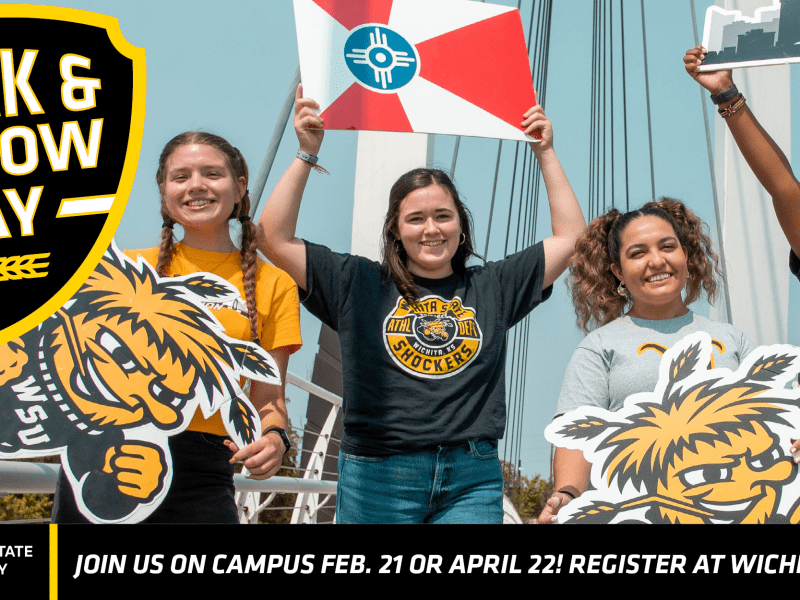 Four people at the Keeper of the Plains holding signs. "Join us on campus Feb. 21 or April 22! Register at wichita.edu/Visit."