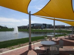 Food truck plaza patio and pond