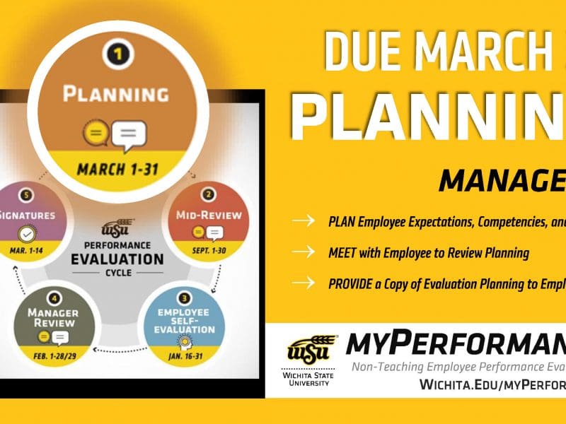 Graphic of myPerformance Evaluation Cycle highlighting Planning Step March 1-31. Alt Text: Due March 31: Planning. Managers: Plan employee expectations, competencies, and goals. Meet with Employee to Review Planning. Provide a Copy of Evaluation Planning to Employee. Wichita State University. myPerformance: Non-Teaching Employee Performance Evaluations. wichita.edu/myPerformance.