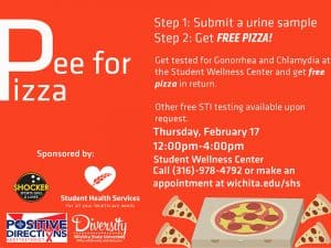 Pee for Pizza. Step 1: Submit a urine sample. Step 2: Get Free Pizza! Get tested for Gonorrhea and Chlamydia at the Student Wellness Center and get free pizza in return. Other free STI testing available upon request. Thursday, February 17. 12:00pm-4:00pm. Student Wellness Center. Call (316)-978-4792 or make an appointment at wichita.edu/shs.