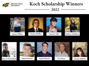Picture of all nine Koch Scholars: Spencer Blaine Clayton Dudley Gannon Hall Kathryn Kuhlman Stewart McClelland Samuel Morris James Peterson Evan Rust Akasha Schlicht.