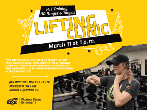 HIIT Training, HR ranges & Targets Lifting clinic March 11 at 1 p.m. This month learn how to set a target HR for your Training goal. How long to train for and how long the recovery should be between sets and workouts. A discussion of Bioenergetics and muscle physiology. Join andy sykes, MEd, CSCS, FNS, CPT on facebook live as he discusses equipment use