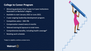College to Career Program Attracting graduates from 2-year to 4 year institutions- Associate’s or Bachelor’s degree. Available to start January 2022 or June 2022. 2-year ongoing leadership development program. Competitive salary – $60-70k Compensation reward every 6 months Tailored training & Exposure to total store. Comprehensive benefits, including health coverage* Rotating work schedule *Subject to eligibility conditions and plan terms.
