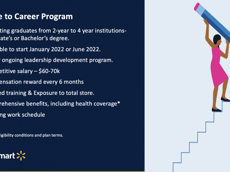 College to Career Program Attracting graduates from 2-year to 4 year institutions- Associate’s or Bachelor’s degree. Available to start January 2022 or June 2022. 2-year ongoing leadership development program. Competitive salary – $60-70k Compensation reward every 6 months Tailored training & Exposure to total store. Comprehensive benefits, including health coverage* Rotating work schedule *Subject to eligibility conditions and plan terms.