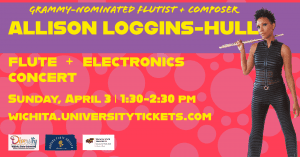Image of Allison Loggins-Hull standing and holding flute against a red and pink background.