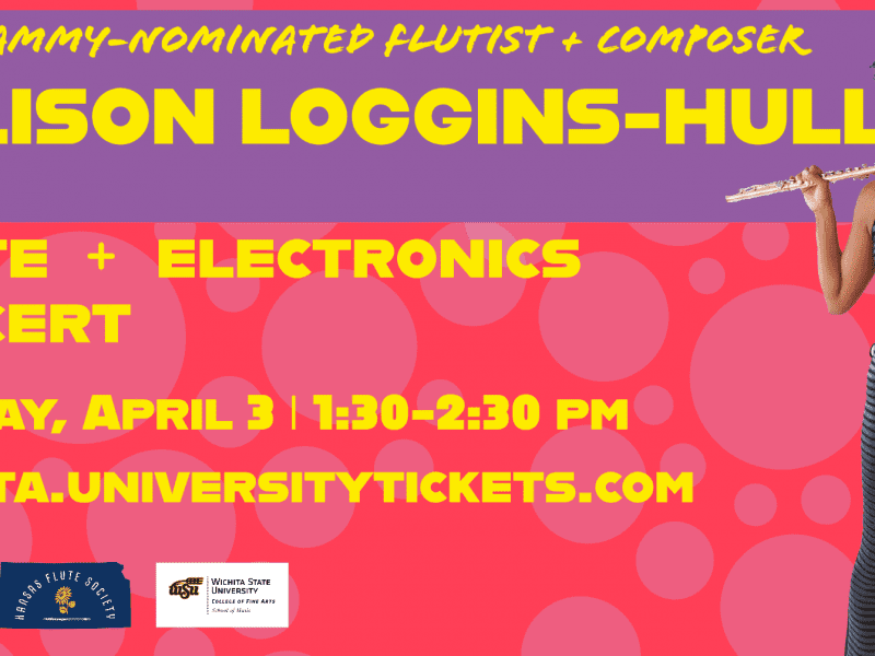 Image of Allison Loggins-Hull standing and holding flute against a red and pink background.