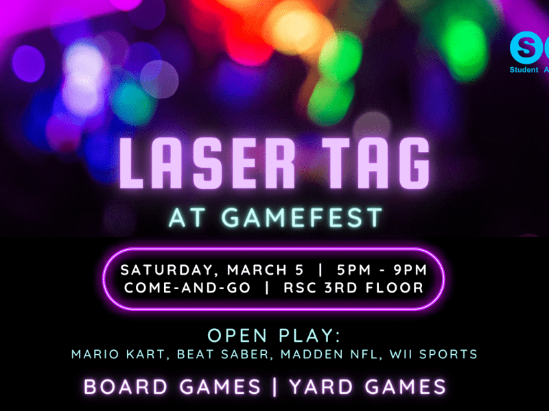 Laser Tag at Gamefest will be held at the Rhatigan Student Center 3rd Floor. This event is free and is come-and-go from 5pm to 9pm on Saturday, March 5, 2022. Register for 6-on-6 laser tag or enjoy open play board games, yard games, mario kart, madden nfl, wii sports, or beat saber! This event is sponsored by Student Activities Council. Register for laser tag at https://www.signupgenius.com/go/5080a4aa5a62aa5f94-gamefest1.