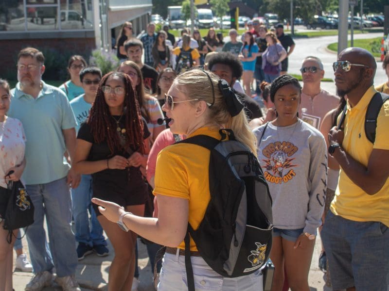 Picture of Transition Mentor leading campus tour during Orientation