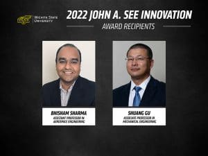 Graphic image with black background and WSU logo and image of Bhisham Sharma, an assistant professor in aerospace engineering, and Shuang Gu, an associate professor in the department of mechanical engineering.