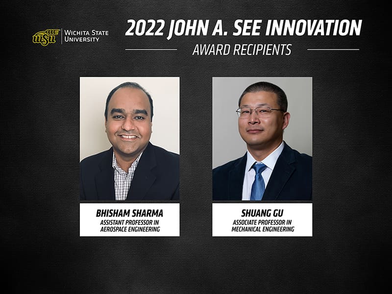 Graphic image with black background and WSU logo and image of Bhisham Sharma, an assistant professor in aerospace engineering, and Shuang Gu, an associate professor in the department of mechanical engineering.