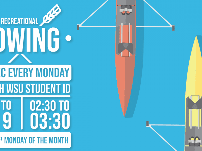 Image of red and yellow kayak on blue background and text Recreational Rowing open rec every Monday $10 with WSU student ID April 1 to May 9 02:30 to 03:30 class on 1st Monday of the month