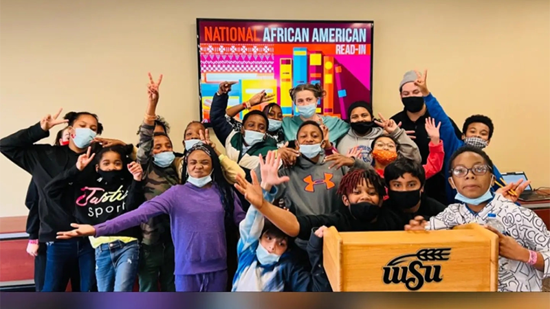 50 fifth-grade students from Gordon Parks Academy visited Wichita State University for a book presentation, lunch and a library tour.