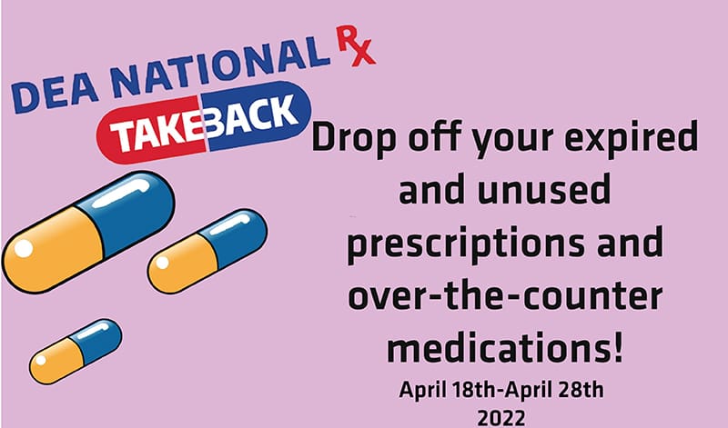 Image with pink background featuring text DEA Nation RX TakeBack In honor of the 2022 National Take Back Day April 30, Student Health Services (SHS) at the YMCA will collect any unused prescription or over-the-counter drugs 8 a.m.-5 p.m. April 18-28.