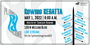 Rowing Regatta May1, 2022 8:00 A.M. Hosted By Shocker Rowing 150 N McLean Blvd Live Stream: bit.ly/plainsregional22 Colorado State University University of Kansas Kansas State University University of Nebraska Lincoln Oklahoma State University Washington University in St. Louis St, Louis University Wichita State University