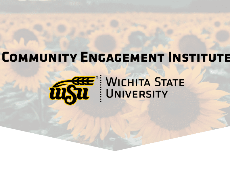 Graphic image of sunflowers on a background with text Community Engagement Institute and Wichita State University Logo.